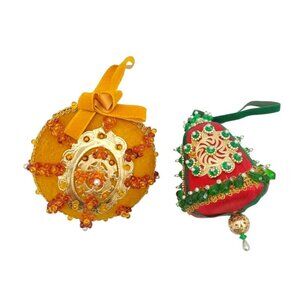 Vintage Sequin Velvet Pin Christmas Ornaments Gold‎ & Red Green Handmade